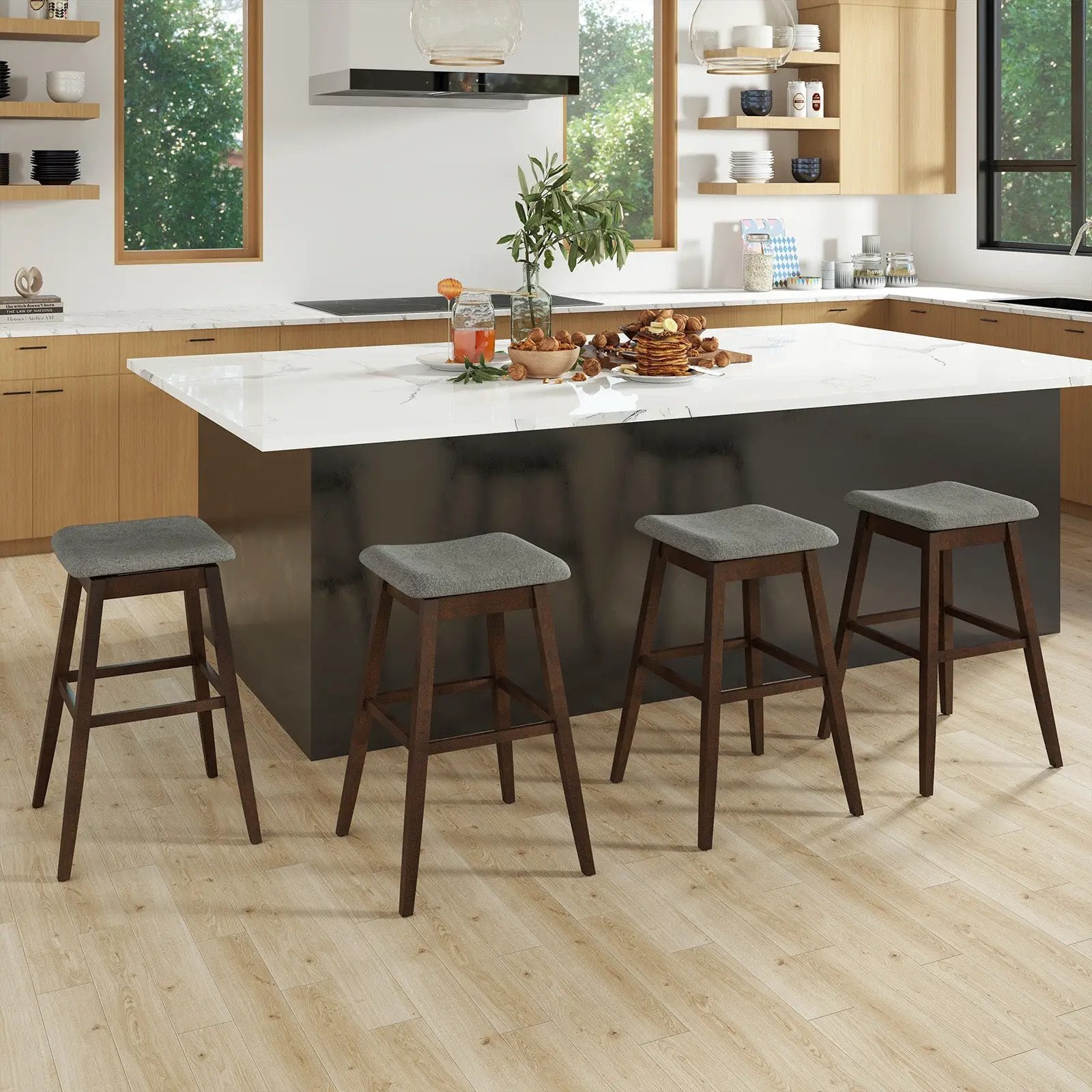 Swivel Bar Stools Set of 2 with Footrest and Rubber Wood Legs-Brown by DirectDeals