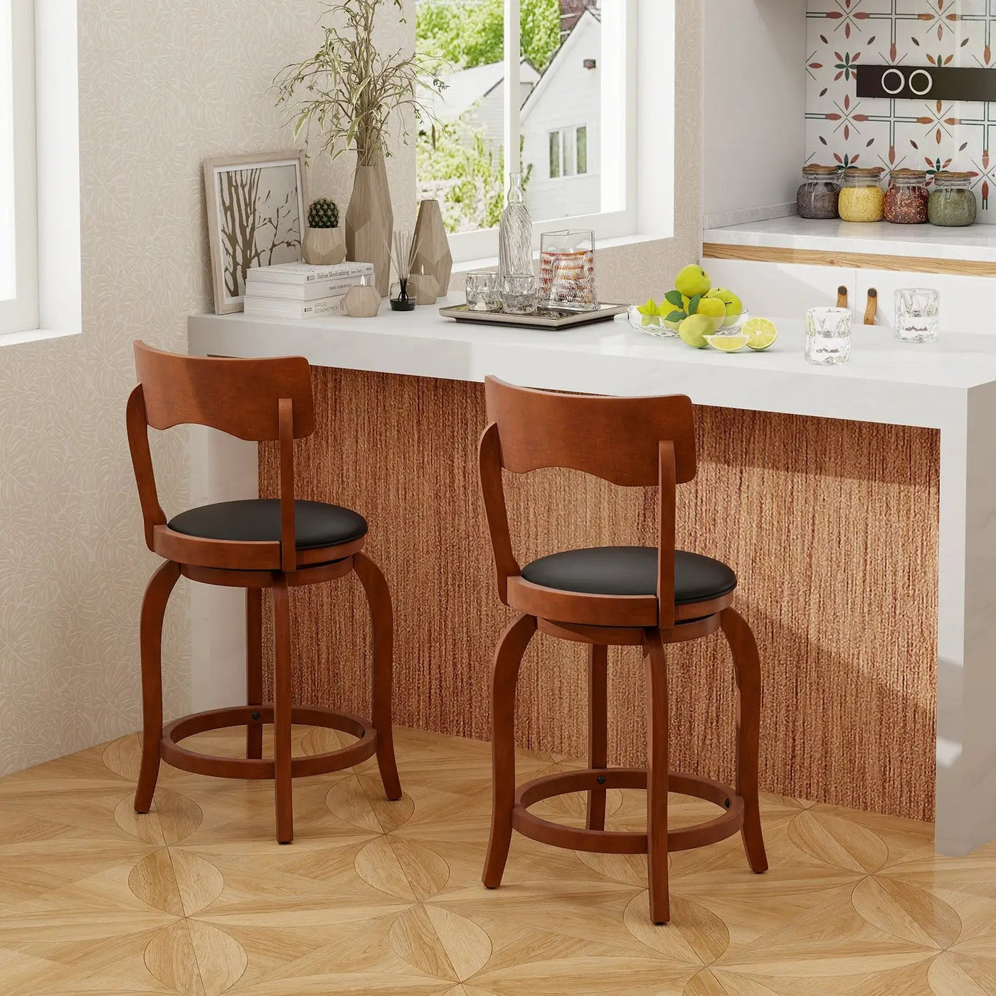 Swivel Bar Stools Set of 2 with Rubber Wood Frame and Upholstered Seat by DirectDeals