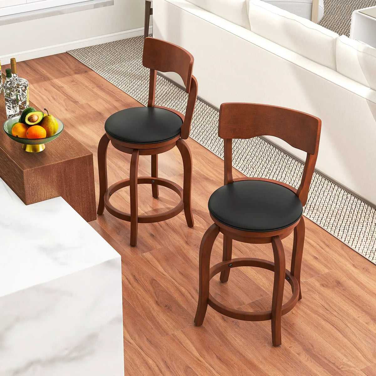 Swivel Bar Stools Set of 2 with Rubber Wood Frame and Upholstered Seat by DirectDeals