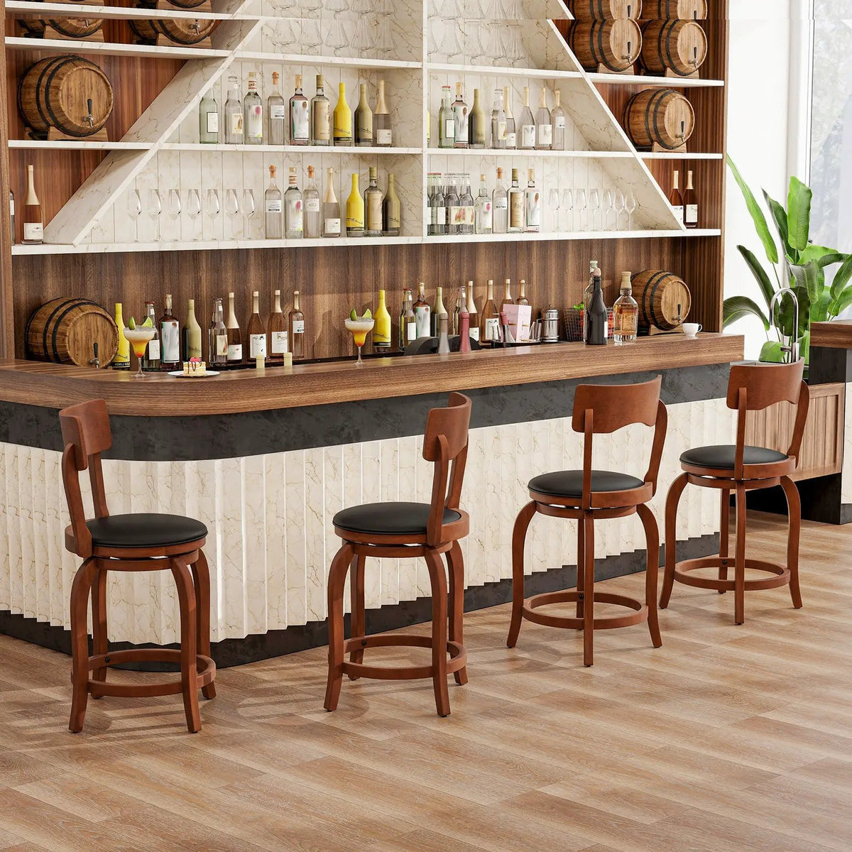 Swivel Bar Stools Set of 2 with Rubber Wood Frame and Upholstered Seat by DirectDeals