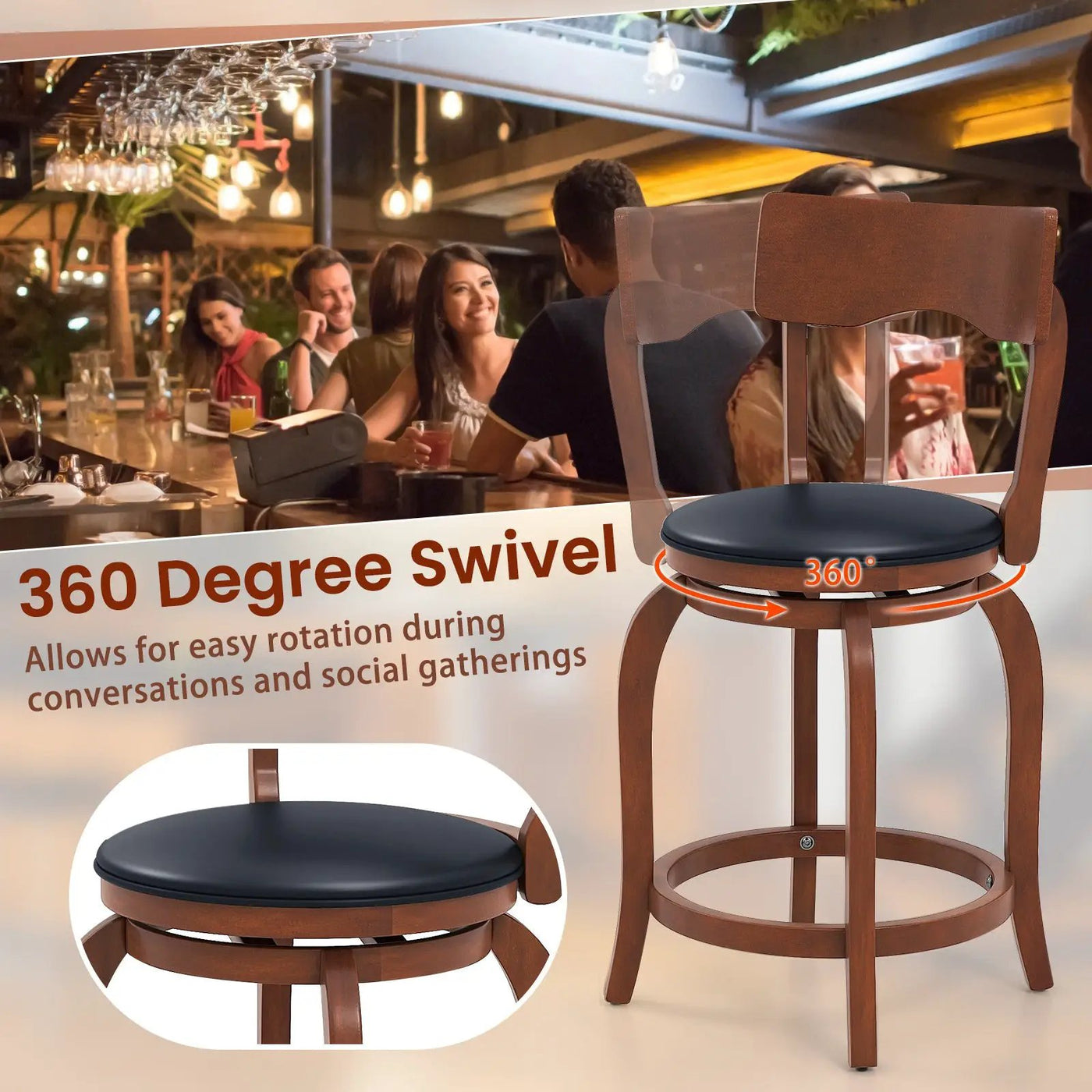Swivel Bar Stools Set of 2 with Rubber Wood Frame and Upholstered Seat by DirectDeals