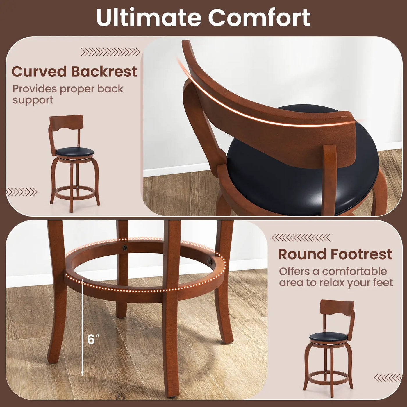 Swivel Bar Stools Set of 2 with Rubber Wood Frame and Upholstered Seat by DirectDeals