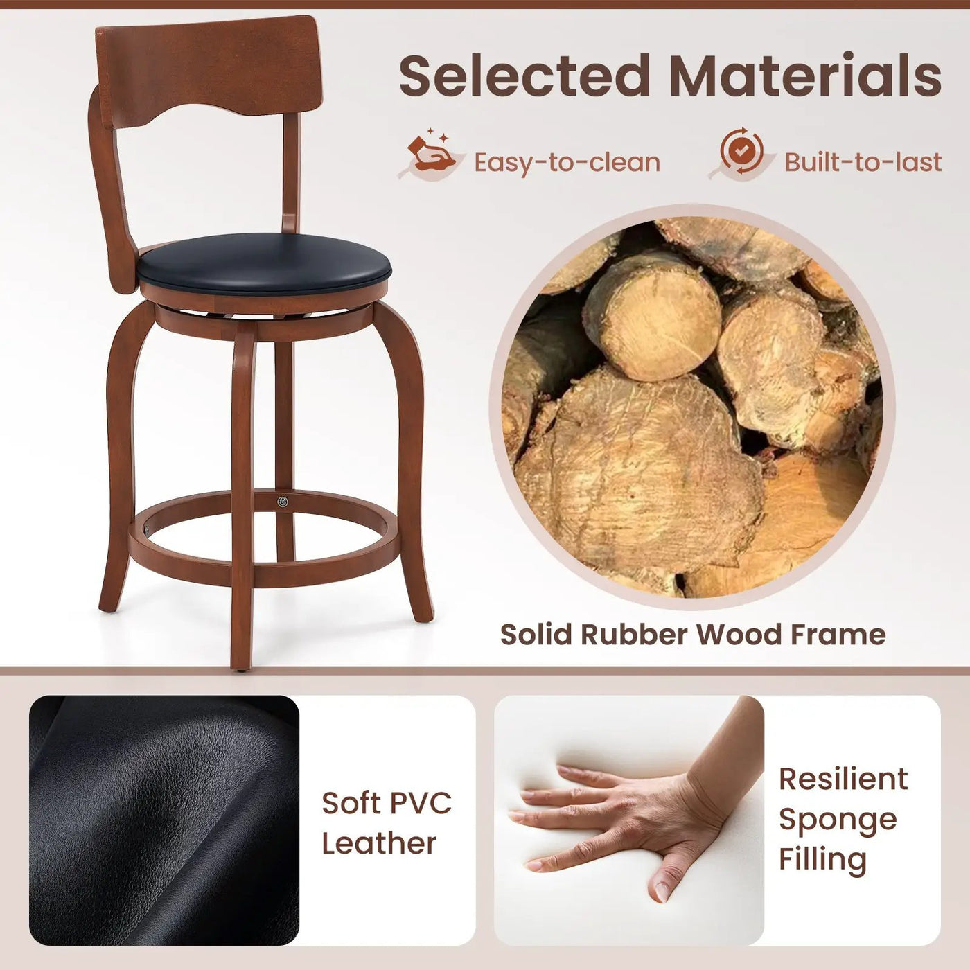 Swivel Bar Stools Set of 2 with Rubber Wood Frame and Upholstered Seat by DirectDeals