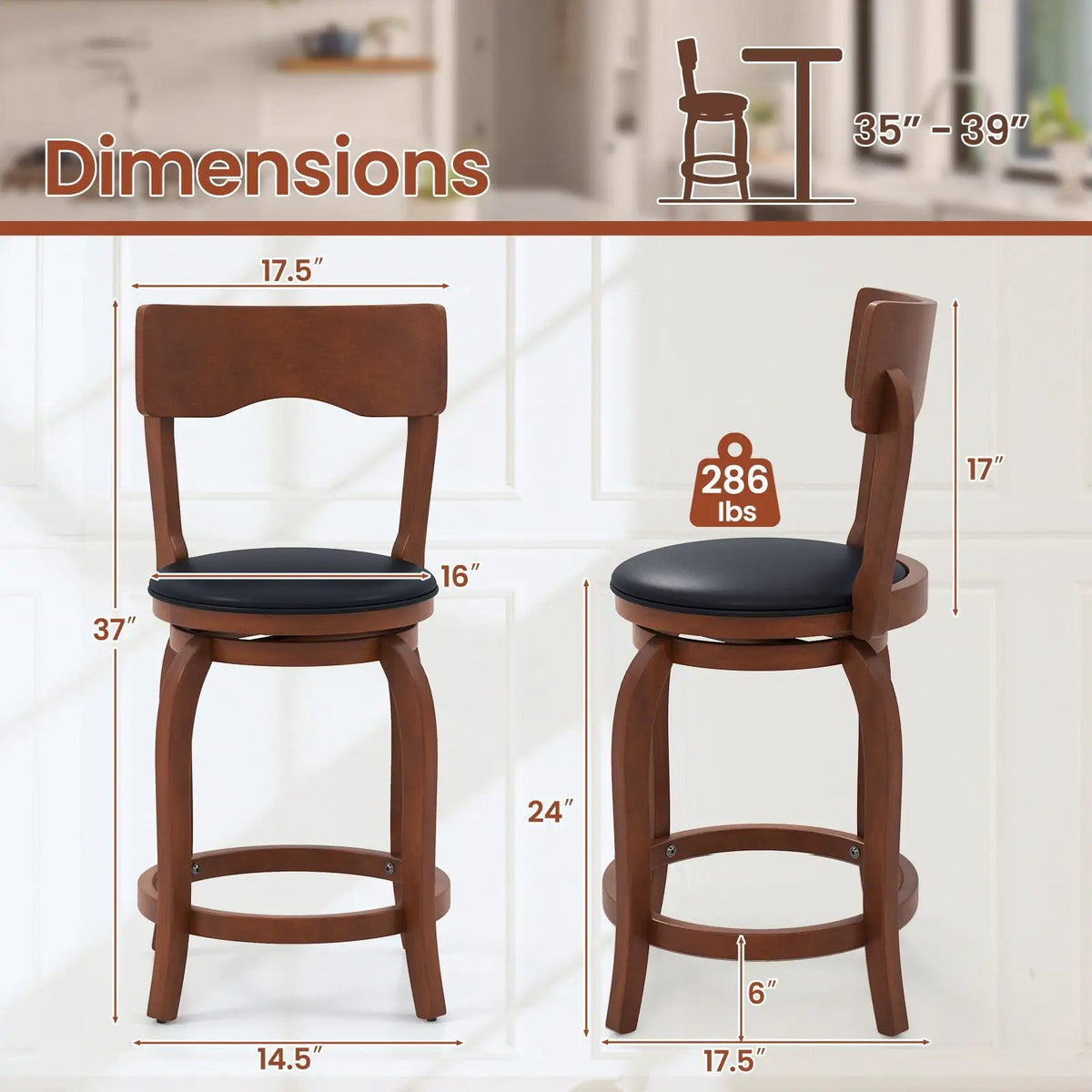 Swivel Bar Stools Set of 2 with Rubber Wood Frame and Upholstered Seat by DirectDeals