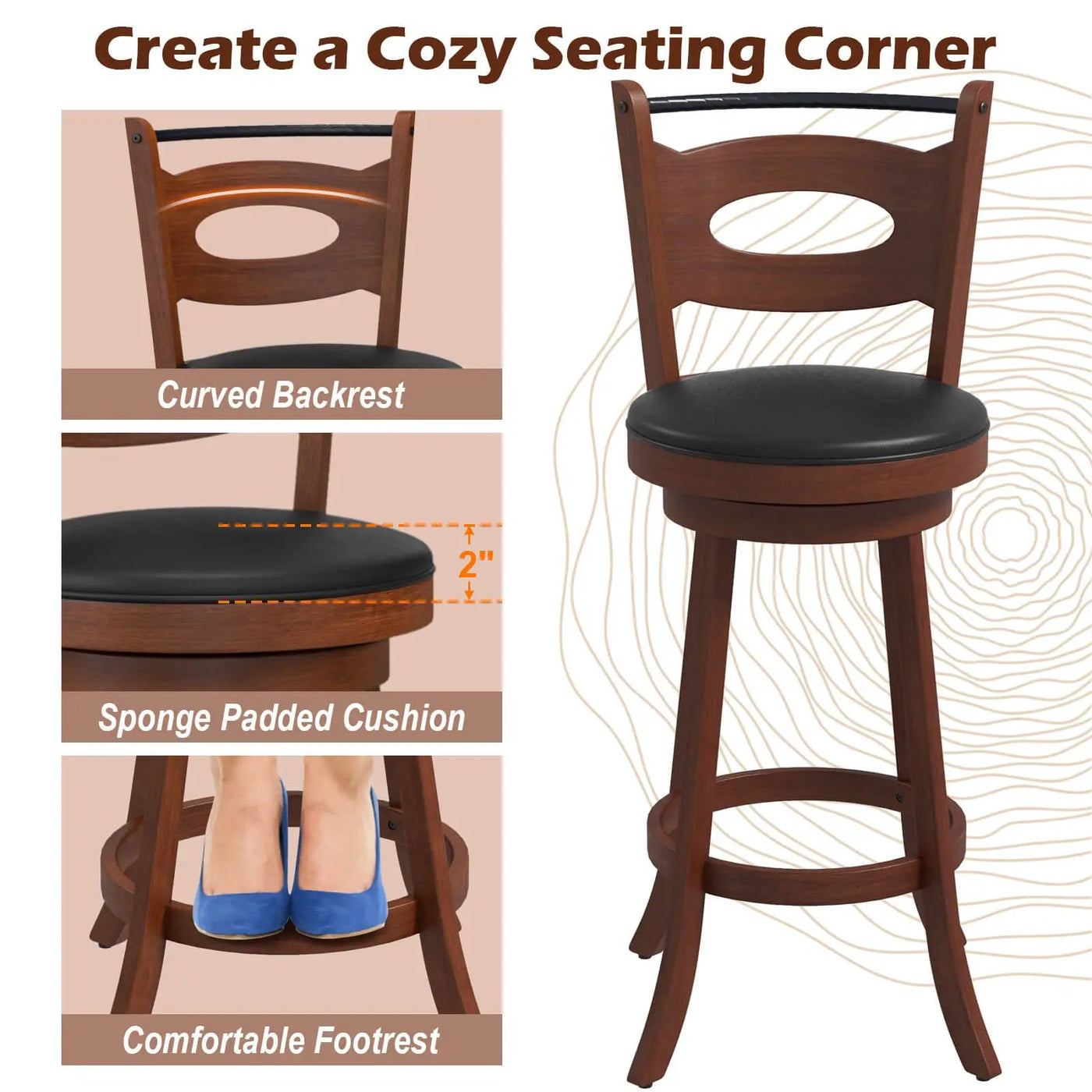 2 Pieces 24/29 inch Swivel Bar Stools with Curved Backrest and Seat Cushions by DirectDeals
