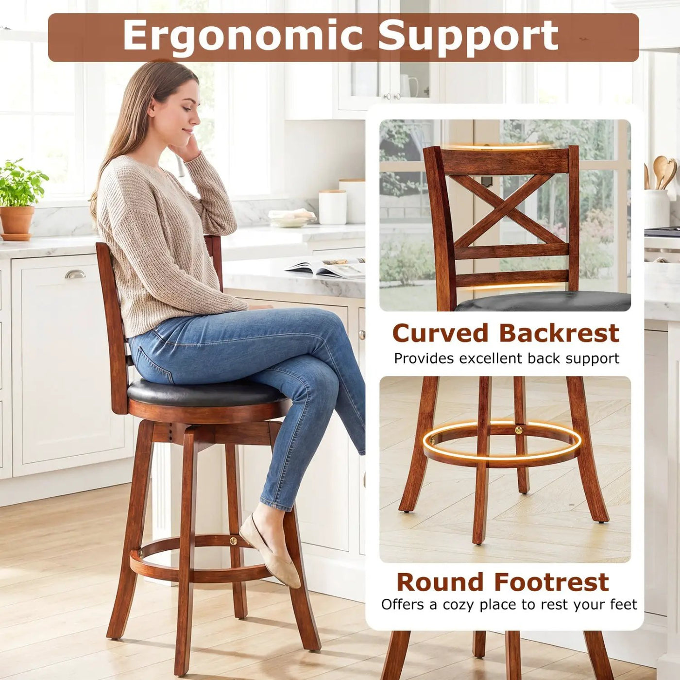 Swivel Barstools Set of 2 with Backrest and Footrest by DirectDeals