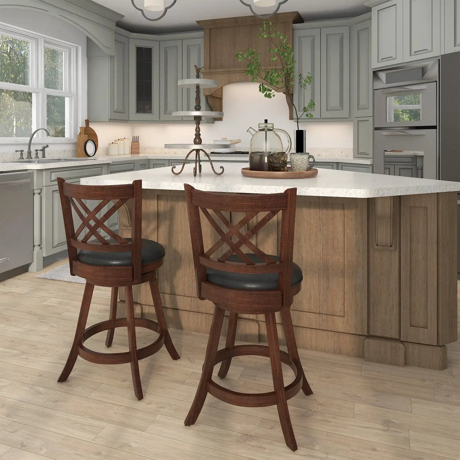 360¬∞ Swivel Upholstered Barstools Set of 2 with Back and Footrest by DirectDeals