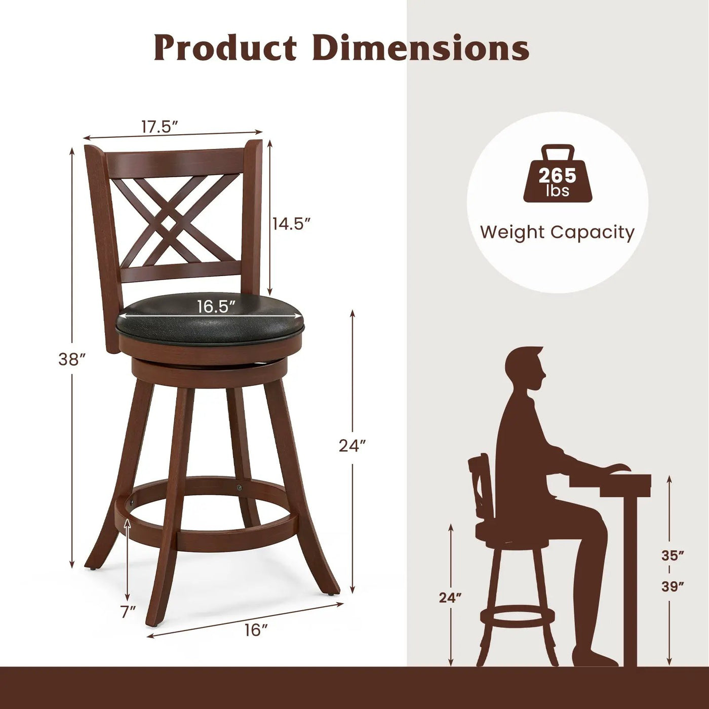 360¬∞ Swivel Upholstered Barstools Set of 2 with Back and Footrest by DirectDeals
