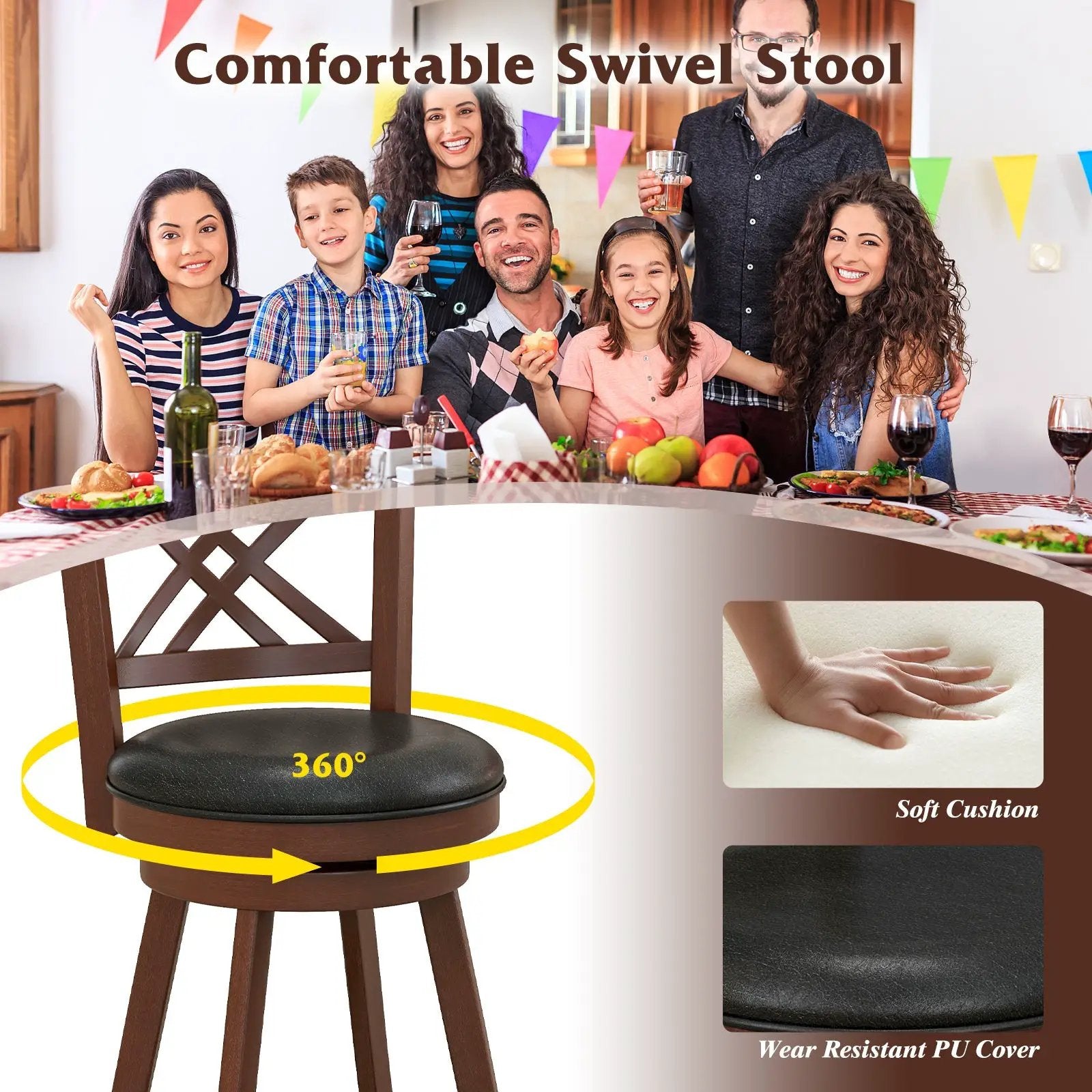 360¬∞ Swivel Upholstered Barstools Set of 2 with Back and Footrest by DirectDeals