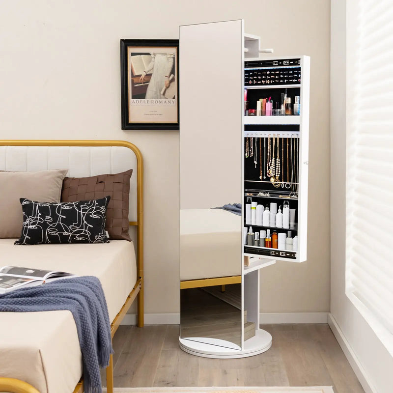 360-Degree Swivel Jewelry Cabinet Armoire with Full Length Mirror and Coat Rack-White by DirectDeals