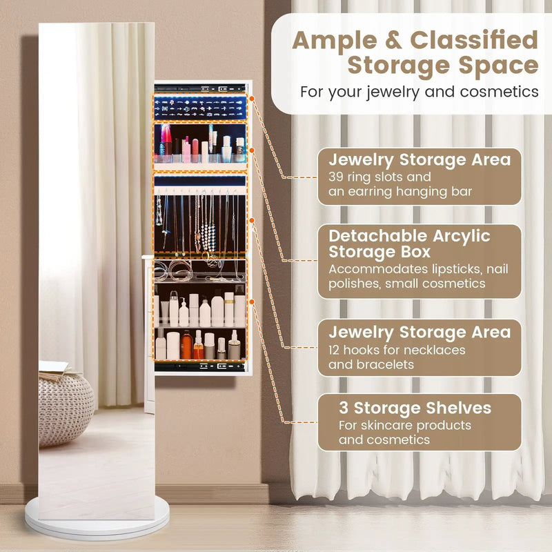 360-Degree Swivel Jewelry Cabinet Armoire with Full Length Mirror and Coat Rack-White by DirectDeals