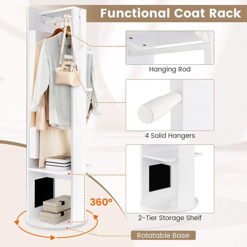 360-Degree Swivel Jewelry Cabinet Armoire with Full Length Mirror and Coat Rack-White by DirectDeals
