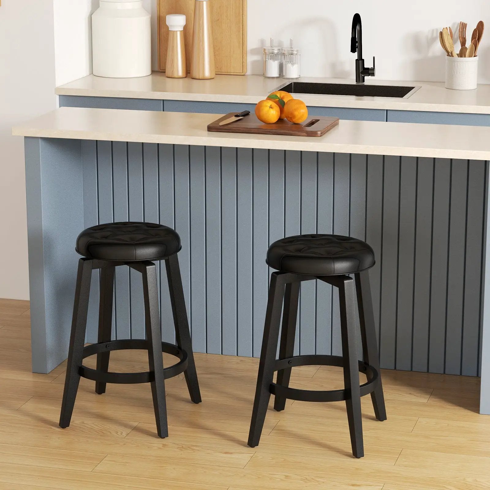 360¬∞ Swivel Upholstered Rubberwood Frame Bar Stool Set of 2 with Footrest by DirectDeals