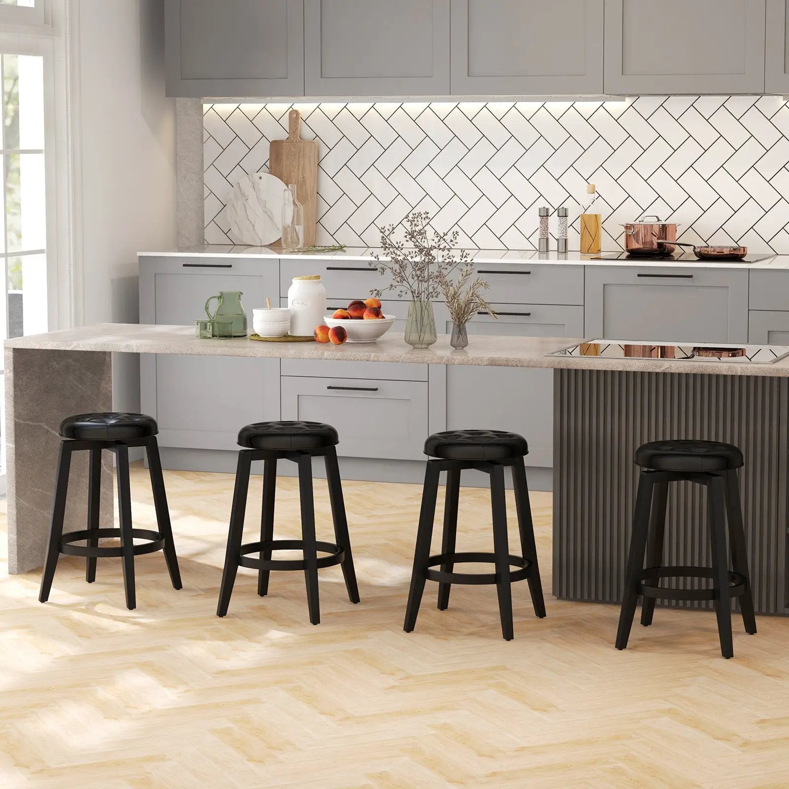 360¬∞ Swivel Upholstered Rubberwood Frame Bar Stool Set of 2 with Footrest by DirectDeals