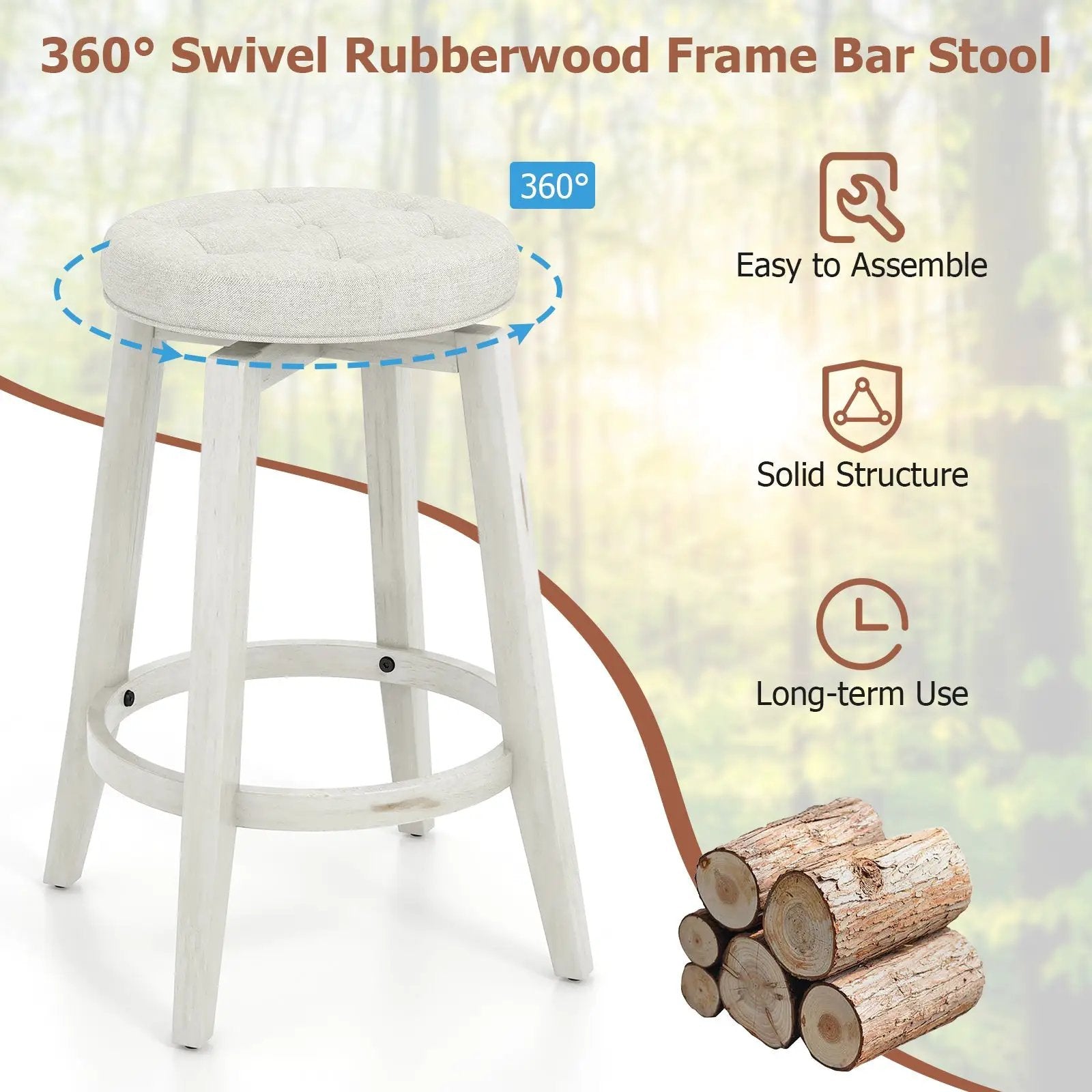 360-Degree Swivel Upholstered Rubberwood Frame Bar Stool Set of 2 with Footrest by DirectDeals