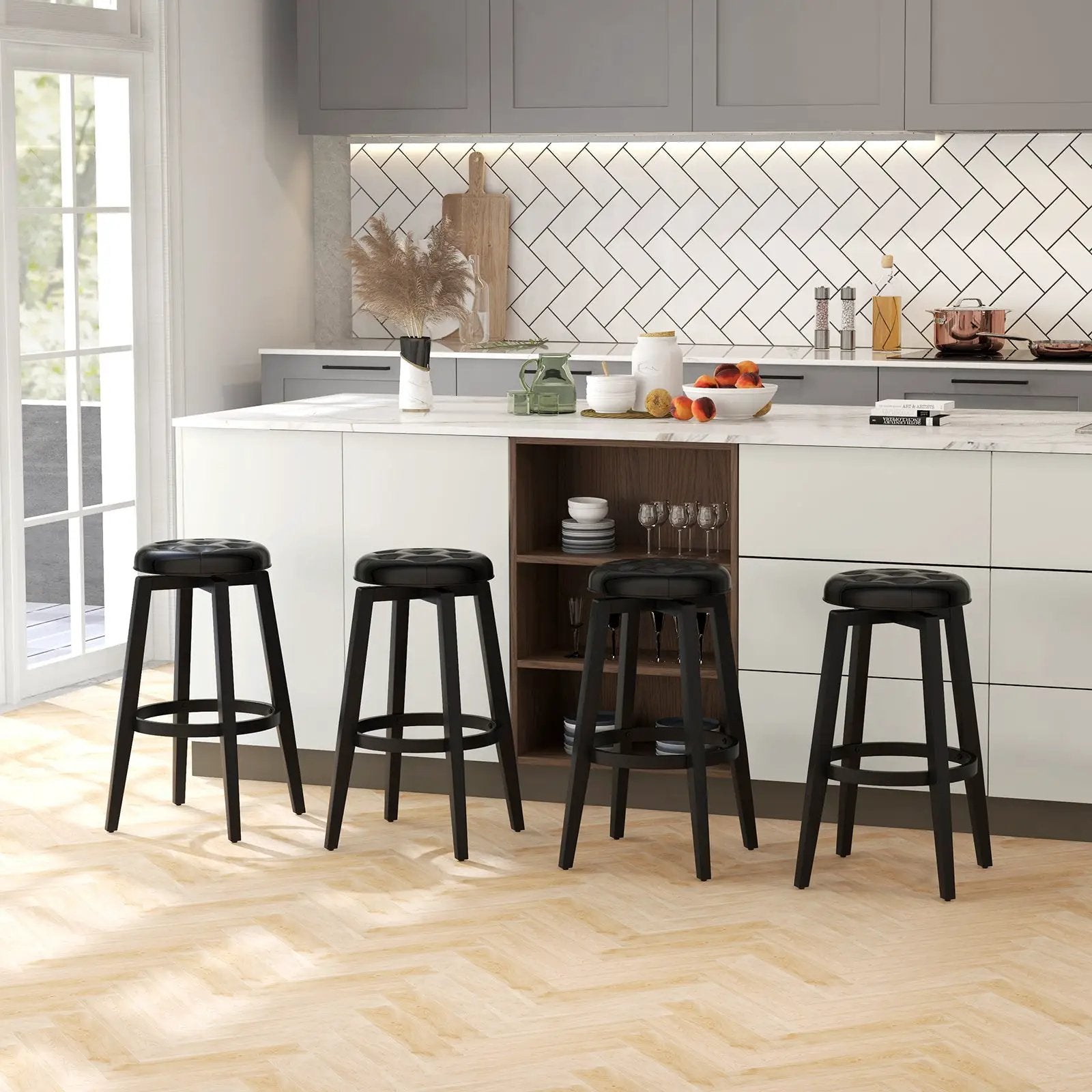 360¬∞ Swivel Upholstered Rubberwood Frame Bar Stool Set of 2 with Footrest by DirectDeals