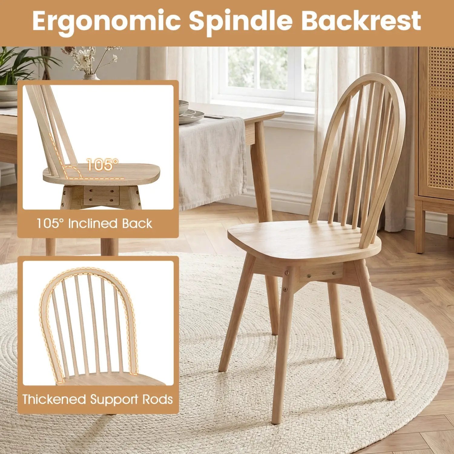 Swivel Windsor Dining Chairs Set of 4 with Solid Rubber Wood Frame by DirectDeals