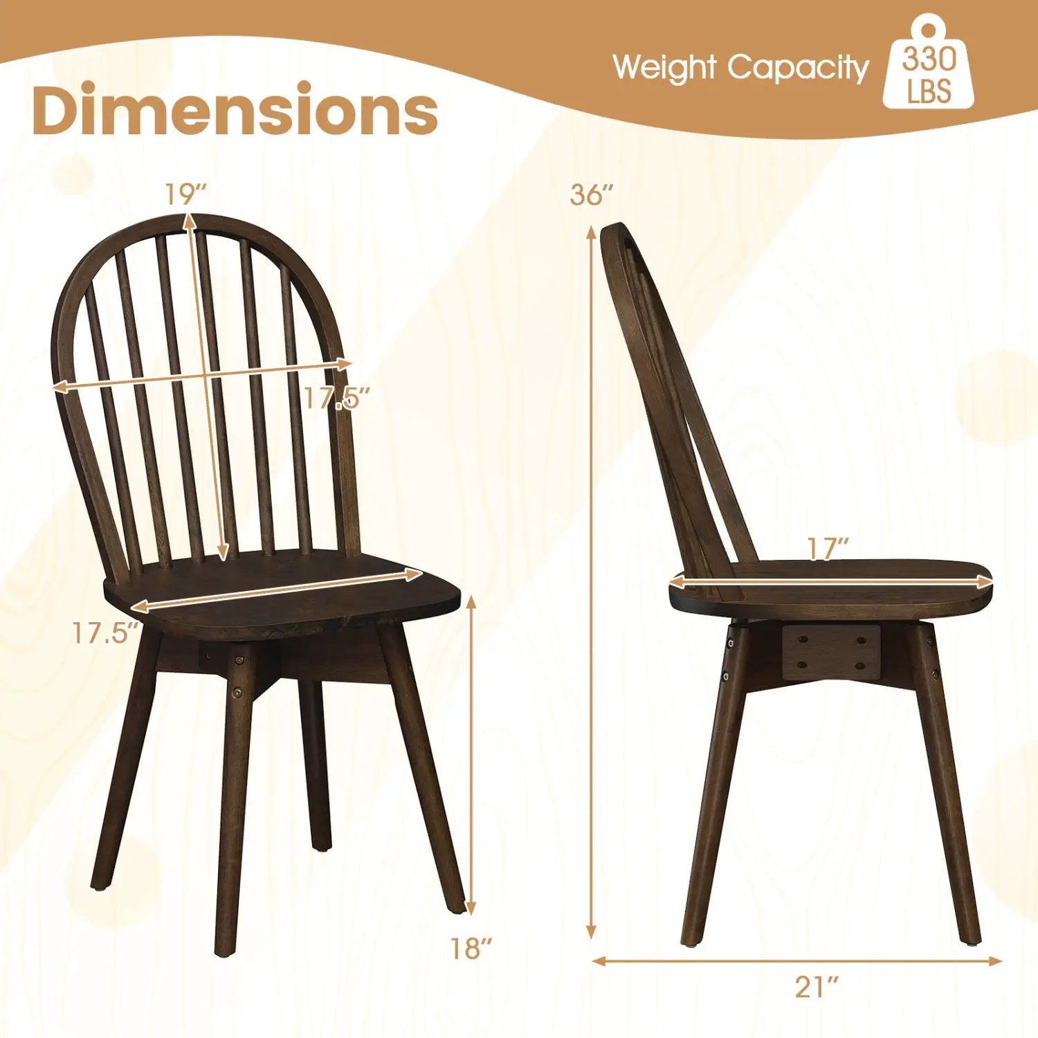 Swivel Windsor Dining Chairs Set of 4 with Solid Rubber Wood Frame by DirectDeals