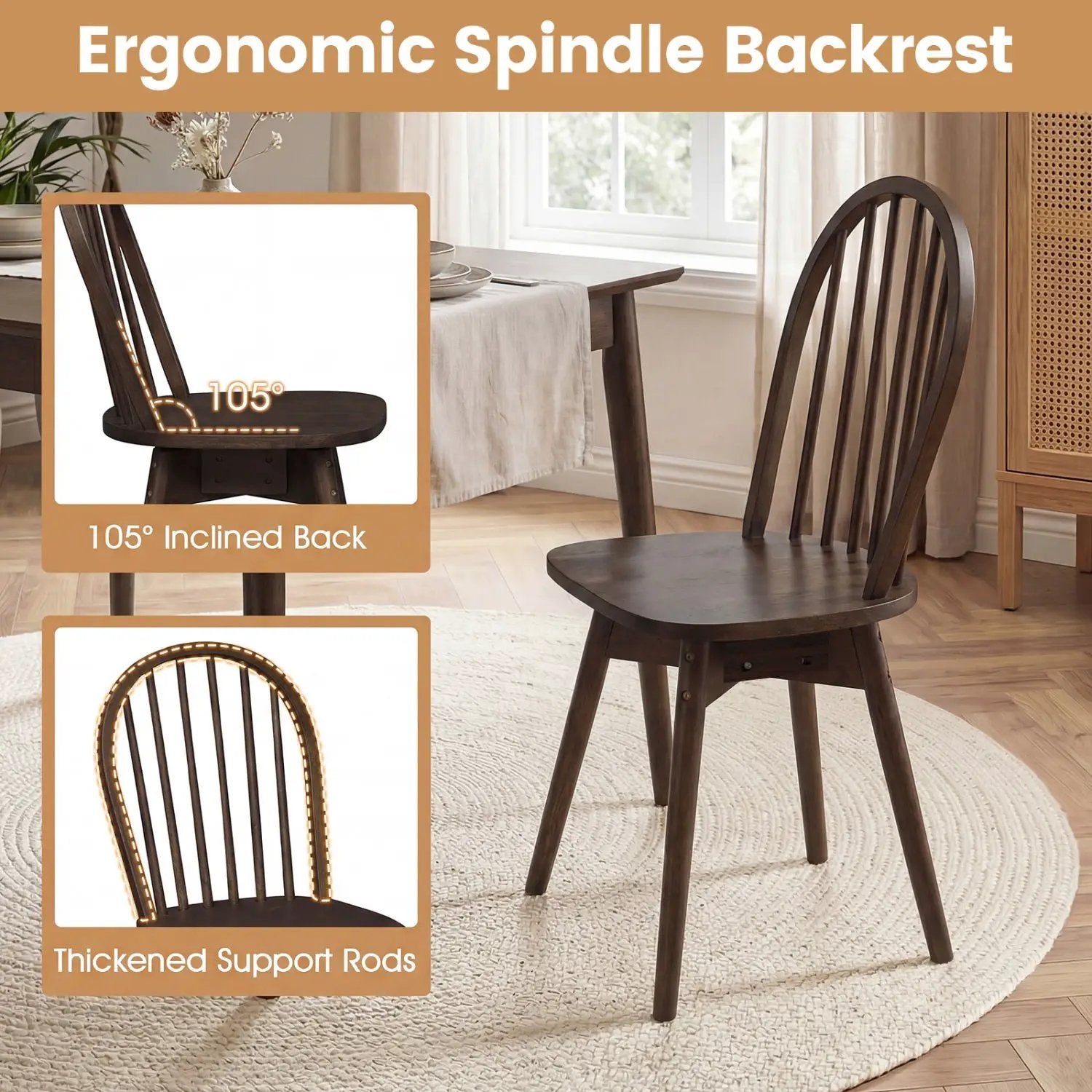 Swivel Windsor Dining Chairs Set of 2 with Solid Rubber Wood Frame by DirectDeals