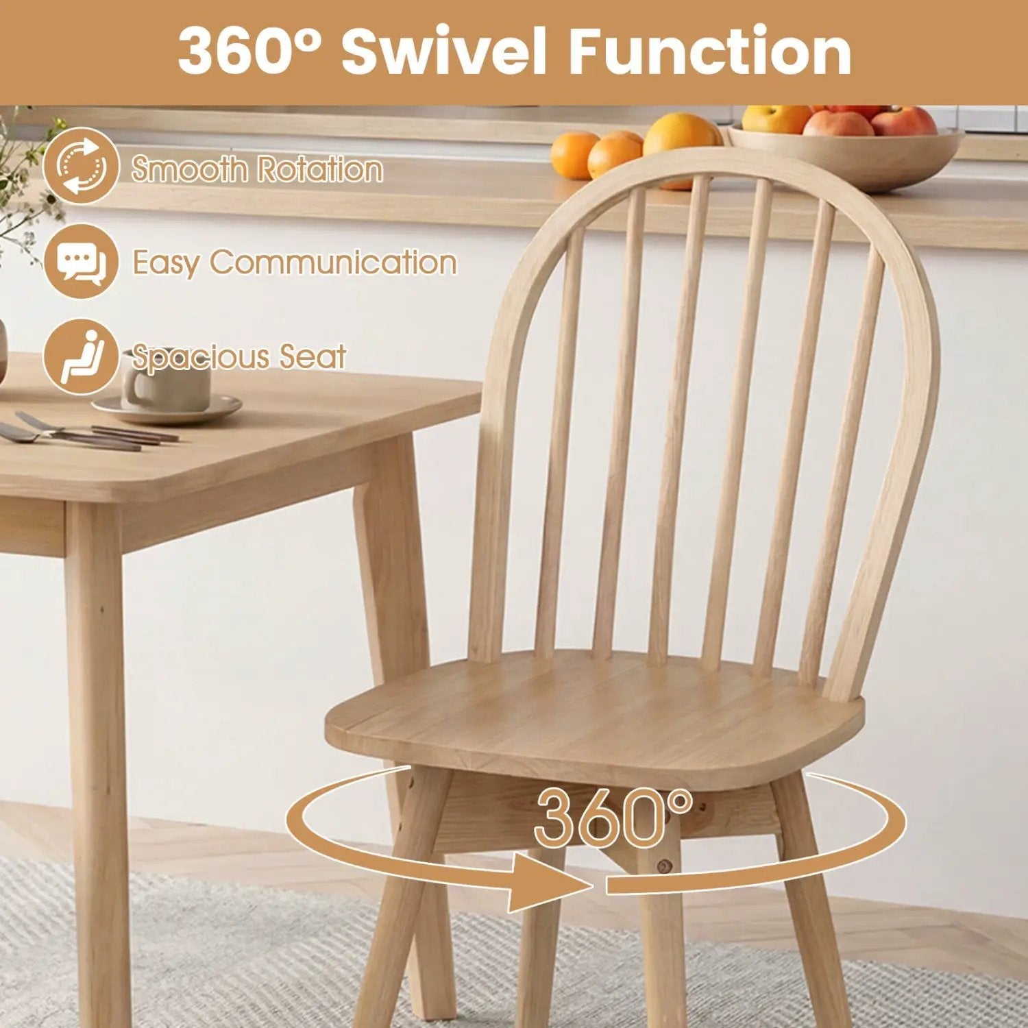 Swivel Windsor Dining Chairs Set of 2 with Solid Rubber Wood Frame by DirectDeals