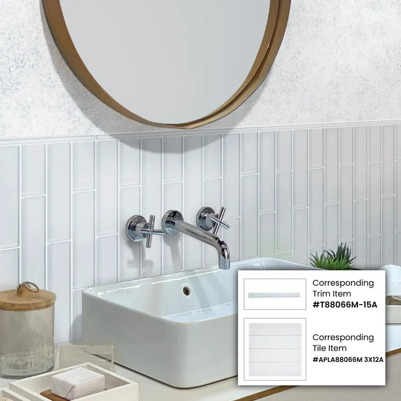 White 0.5x12 Matte Glass Pencil Tile Trim (10 pack, 0.5 sq ft/case) by Apollo Tile