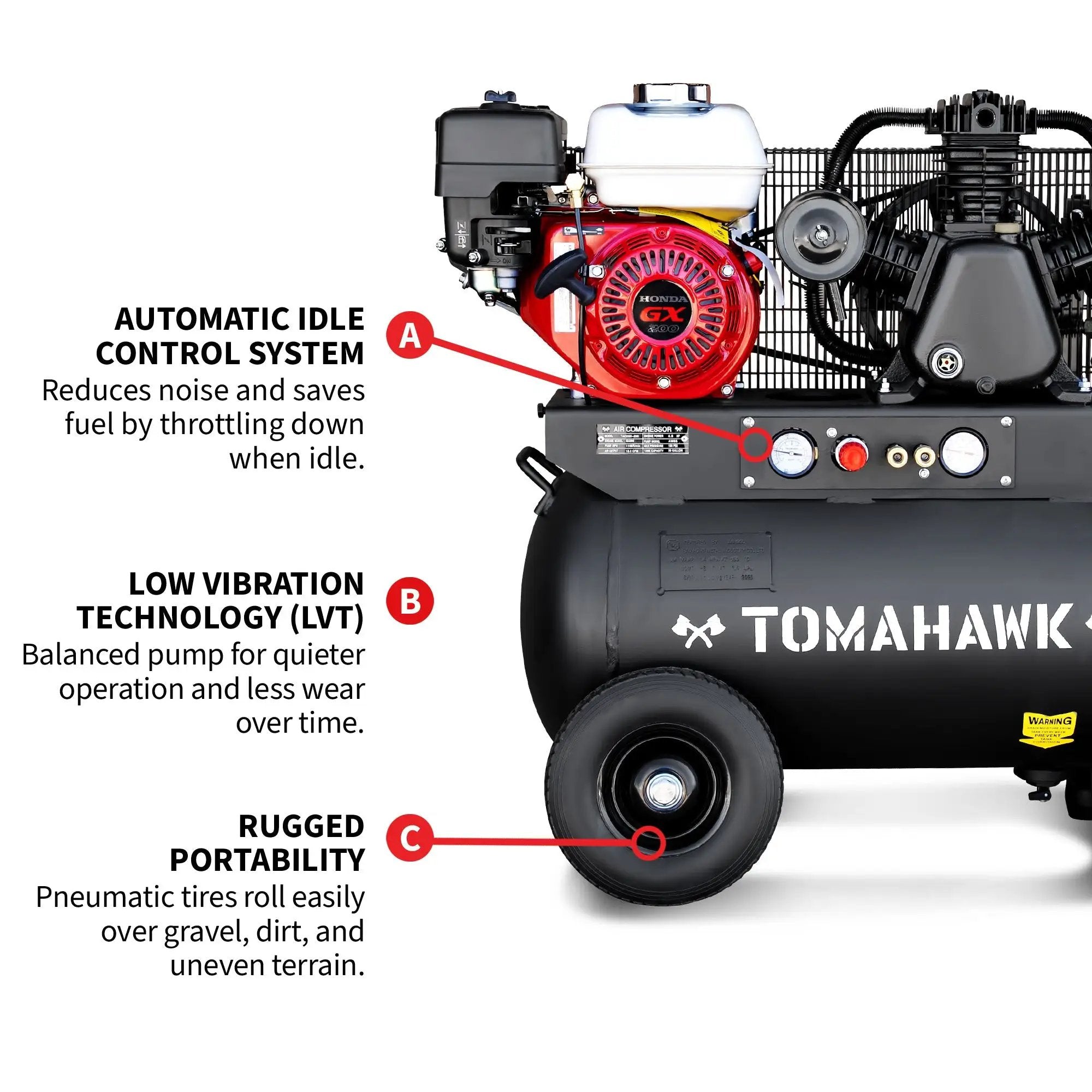 20 Gallon Portable Air Compressor 6.5HP Honda GX200 Engine Horizontal Tank 13.5 CFM @ 90 PSI Gas-Powered by Tomahawk Power