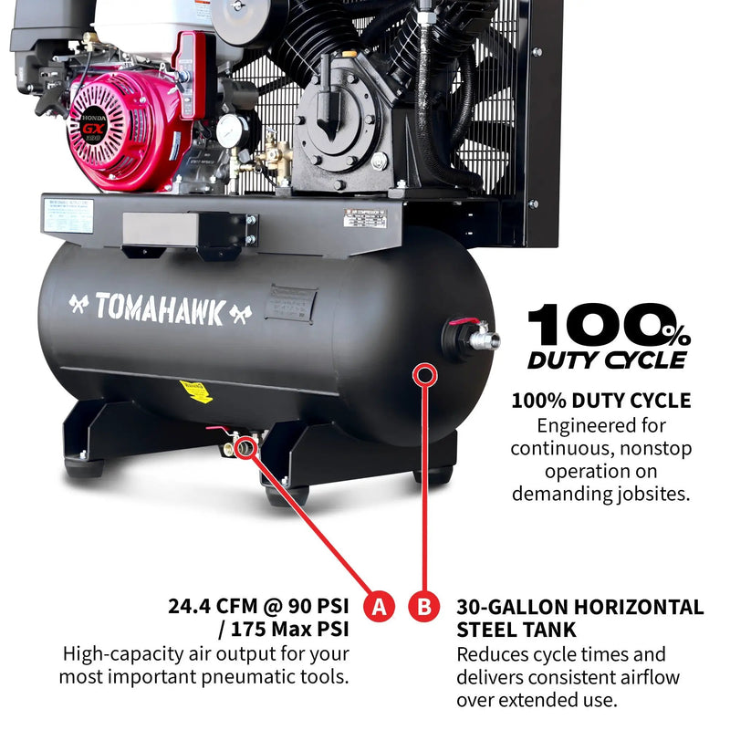 30 Gallon Air Compressor 13HP Honda GX390 Engine Horizontal Tank 24.4 CFM @ 90 PSI Gas-Powered by Tomahawk Power