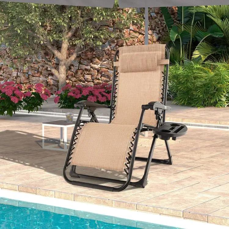 Tan Zero Gravity Adjustable Lounge Chair Removable Cushion Cup Holder Tray by HomePacific