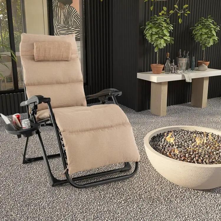 Tan Zero Gravity Adjustable Lounge Chair Removable Cushion Cup Holder Tray by HomePacific