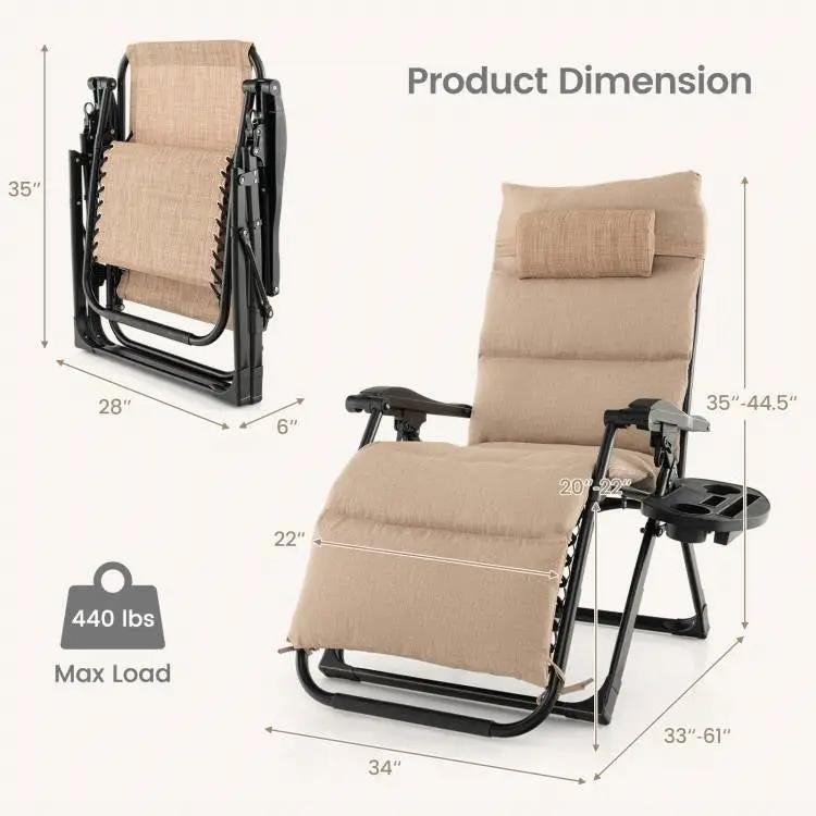 Tan Zero Gravity Adjustable Lounge Chair Removable Cushion Cup Holder Tray by HomePacific