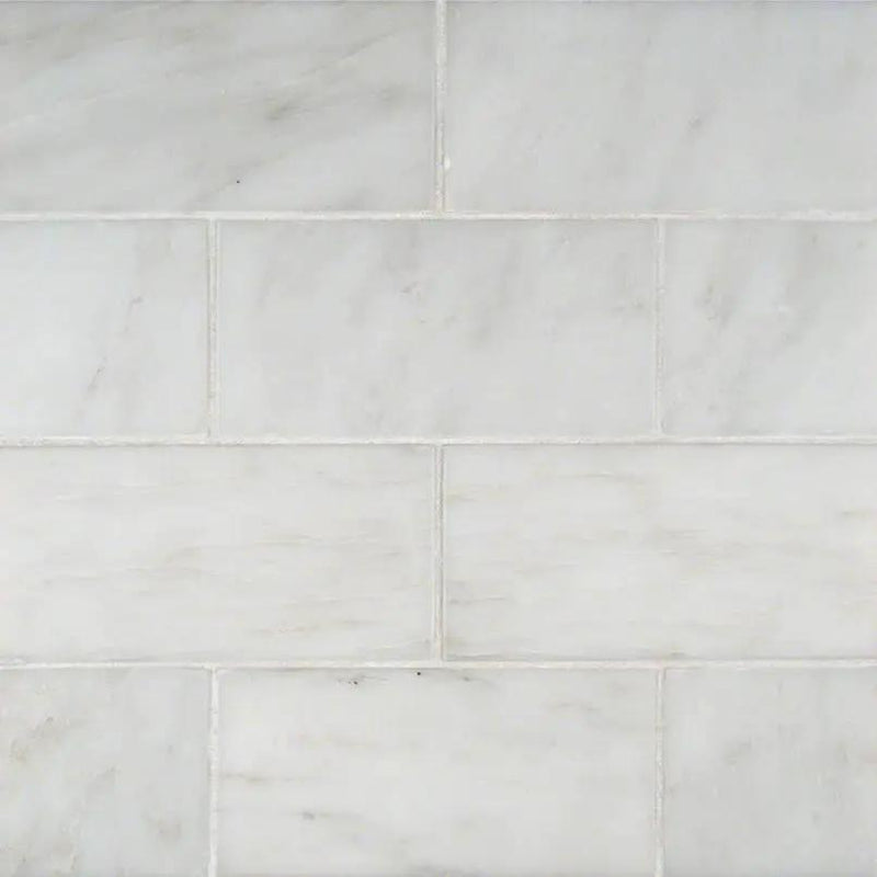 Arabescato Carrara Beveled Marble Tiles 3x6 close up