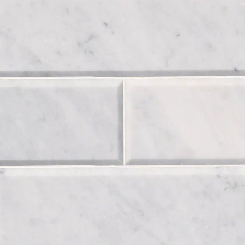 Arabescato Carrara Beveled Marble Mosaics 4x12 close up