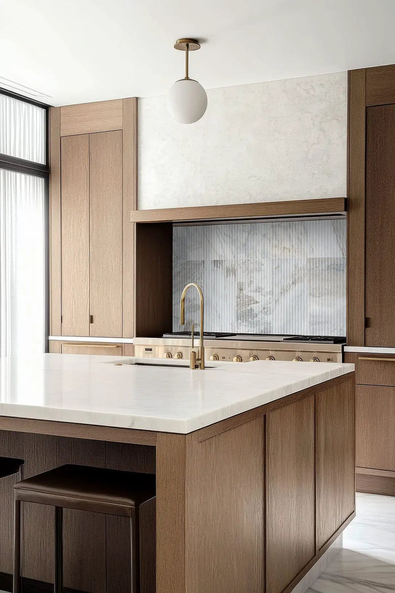 Arabescato Venato Valentino Fluto 12x24 Honed Marble Mosaics in a finished room