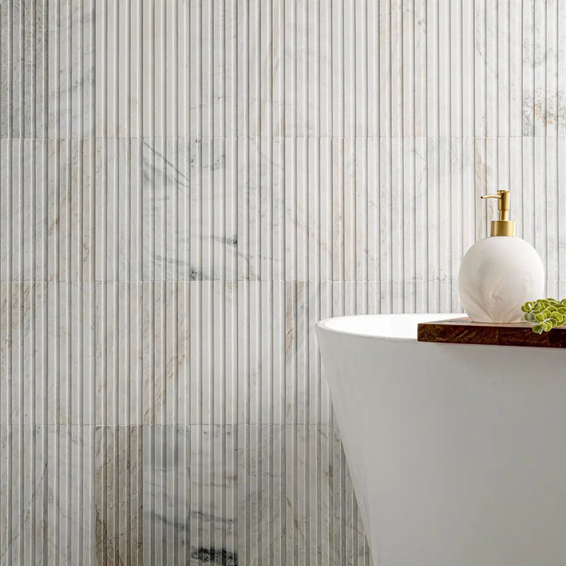 Arabescato Venato Tile 4x12 Slat Honed Marble Mosaics in a finished room