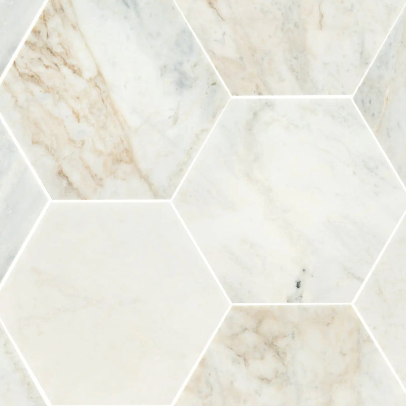 Arabescato Venato 8" Hexagon Honed Marble Mosaics close up