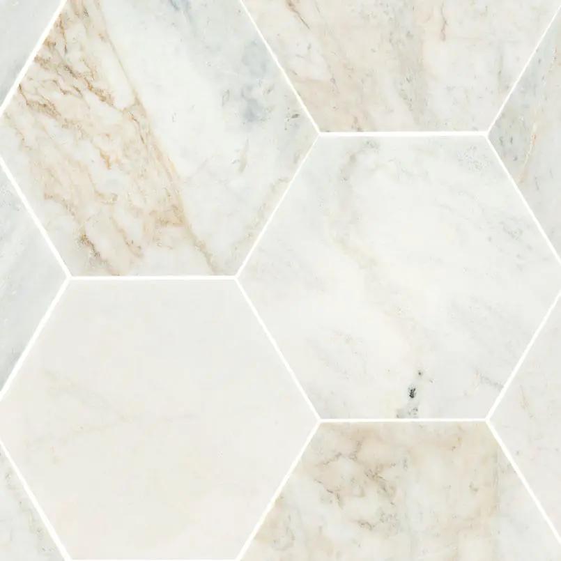 Arabescato Venato 8" Hexagon Honed Marble Mosaics close up