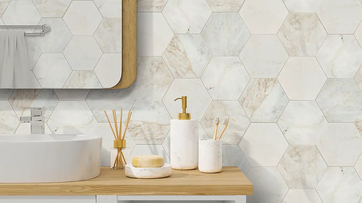 Arabescato Venato 8" Hexagon Honed Marble Mosaics in a finished room