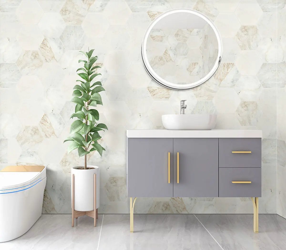 Arabescato Venato 8" Hexagon Honed Marble Mosaics in a finished room