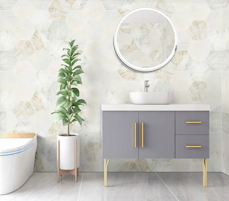 Arabescato Venato 8" Hexagon Honed Marble Mosaics in a finished room