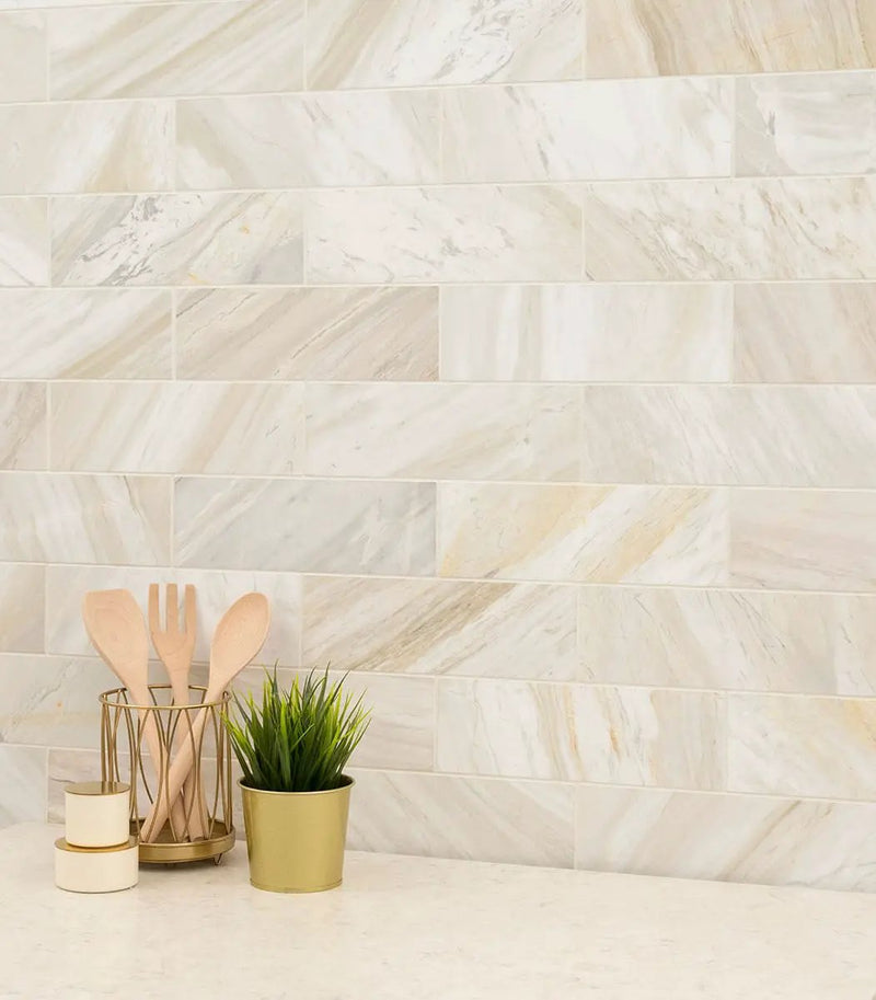 Athena Gold Tile 4x12 Honed Marble Mosaics in a finished room