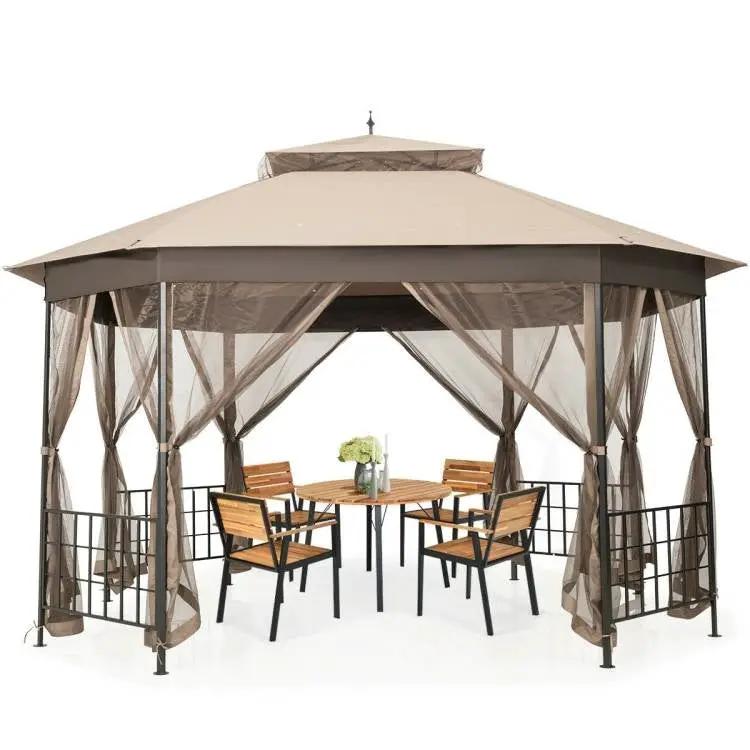 Outdoor 10 x 12 Ft Octagon Gazebo with Mosquito Net Sidewalls and Brown Canopy by HomePacific