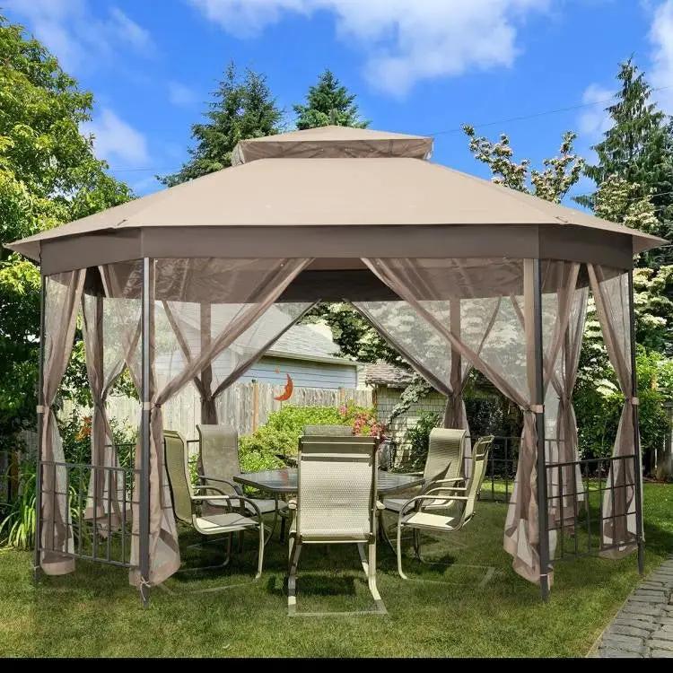 Outdoor 10 x 12 Ft Octagon Gazebo with Mosquito Net Sidewalls and Brown Canopy by HomePacific