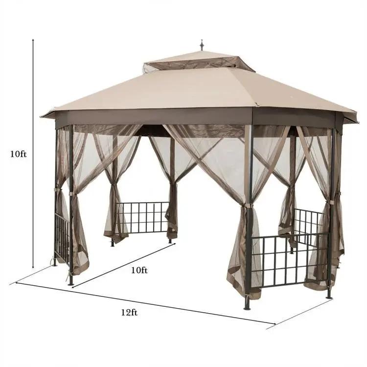 Outdoor 10 x 12 Ft Octagon Gazebo with Mosquito Net Sidewalls and Brown Canopy by HomePacific