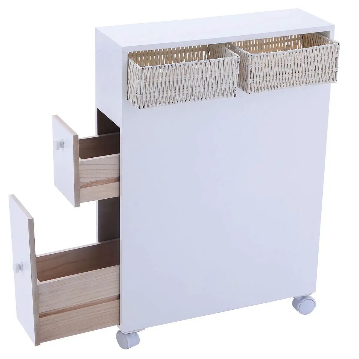 White Bathroom Storage Floor Cabinet with Baskets and Casters by HomePacific