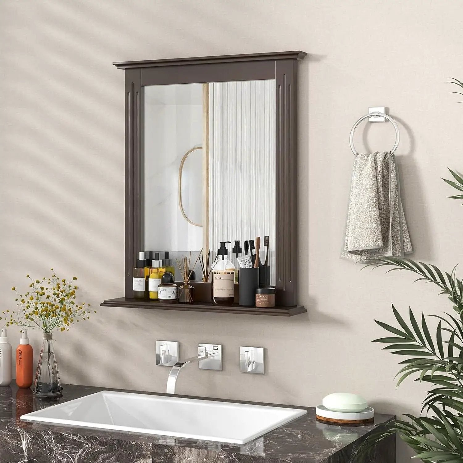 27-in x 22.5-in Bathroom Wall Mirror with Shelf in Dark Brown Wood Finish by HomePacific