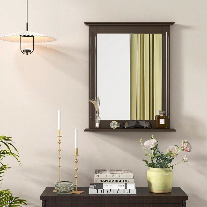 27-in x 22.5-in Bathroom Wall Mirror with Shelf in Dark Brown Wood Finish by HomePacific