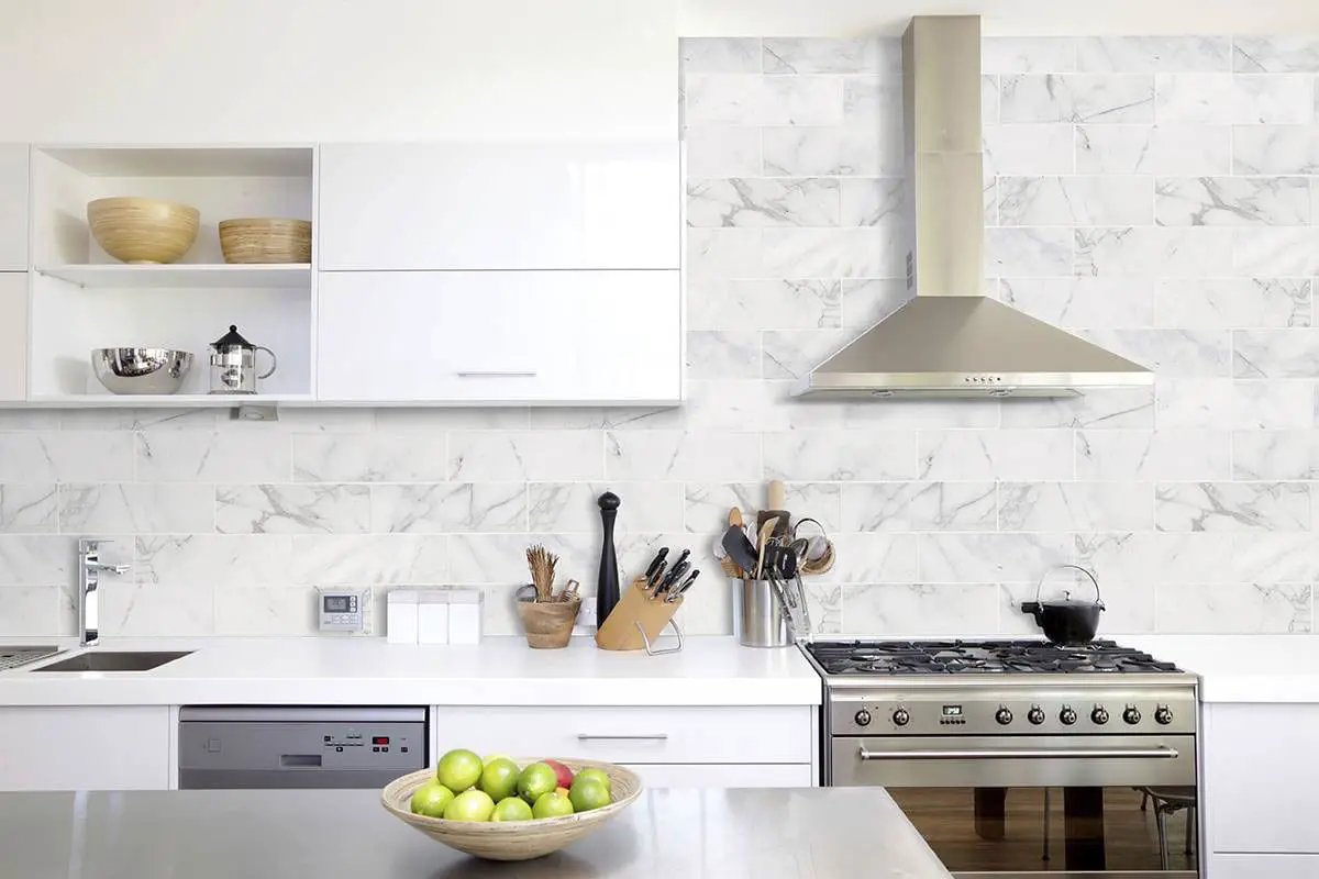 Calacatta Cressa Marble Subway Tile 4x12 Honed Mosaics in a finished room