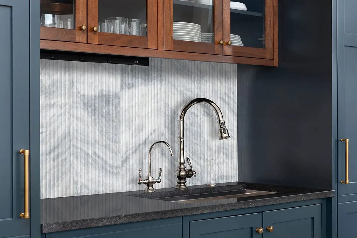 Capri Blue Valentino Fluto 12x24 Honed Marble Mosaics in a finished room