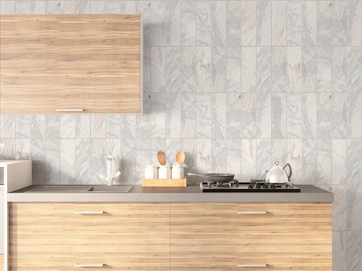 Capri Blue Tile 4x12 Honed Marble Mosaics in a finished room