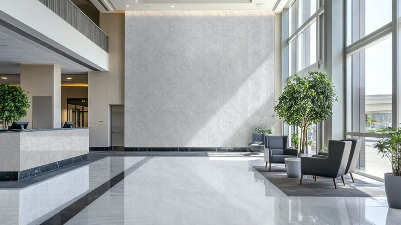 Carrara White Valentino Fluto 12x24 Honed Marble Mosaics in a finished room